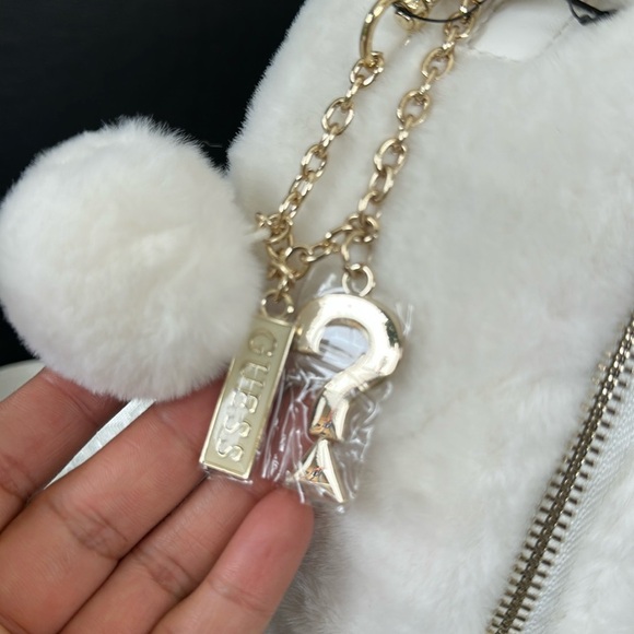 New Guess White Quilted Backpack with Pom-Pom Charm - Picture 3 of 5